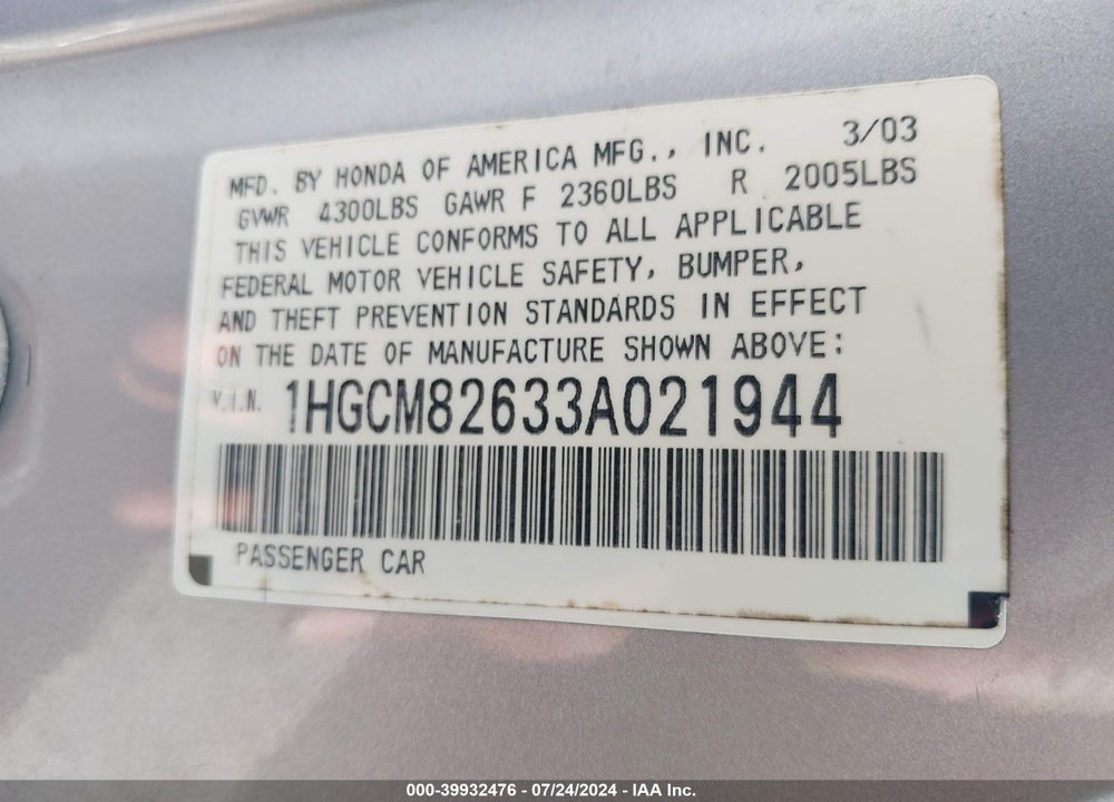2003 HONDA ACCORD 3.0 EX VIN: 1HGCM82633A021944