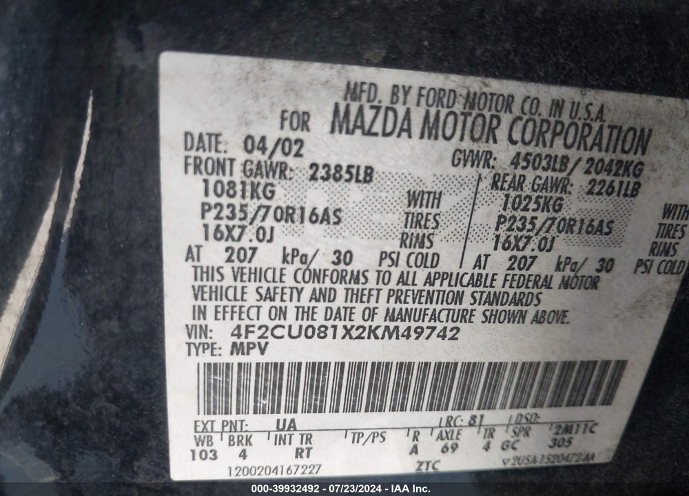 2002 MAZDA TRIBUTE ES V6/LX V6 VIN: 4F2CU081X2KM49742
