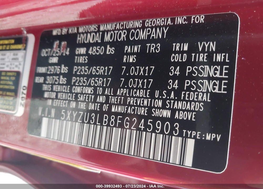 2015 HYUNDAI SANTA FE SPORT 2.4L VIN: 5XYZU3LB8FG245903