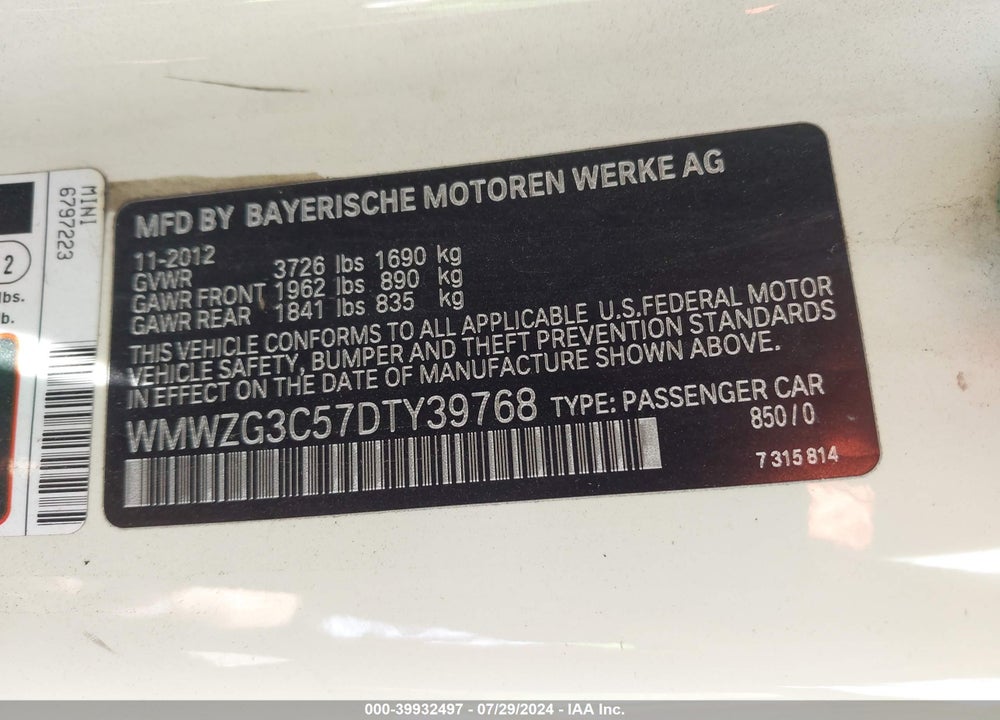 2013 MINI CLUBMAN COOPER S VIN: WMWZG3C57DTY39768