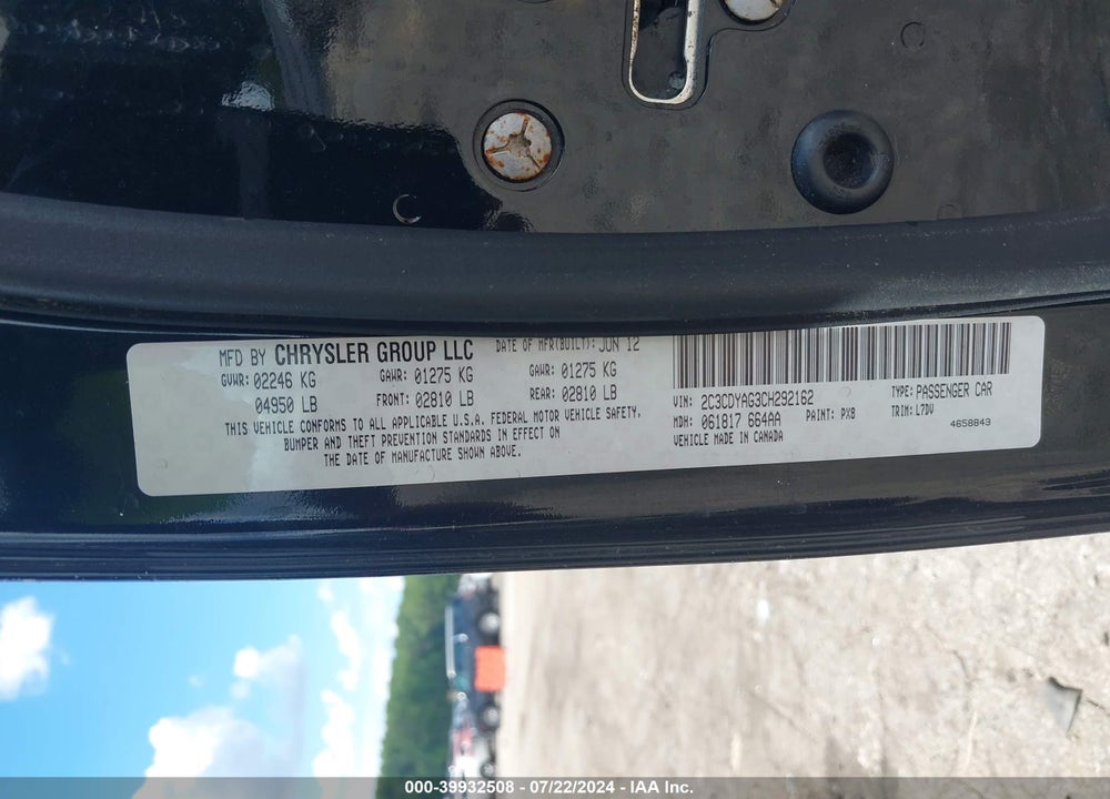 2012 DODGE CHALLENGER SXT VIN: 2C3CDYAG3CH292162