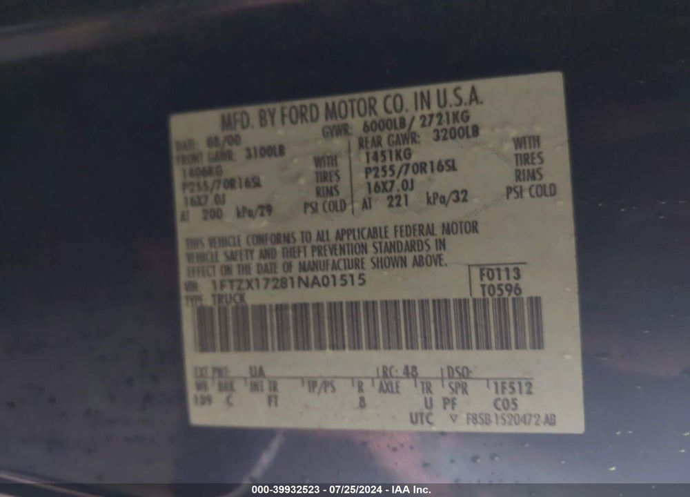 2001 FORD F-150 XL/XLT VIN: 1FTZX17281NA01515