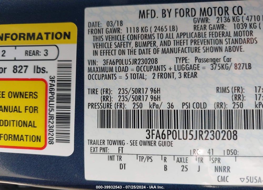 2018 FORD FUSION HYBRID SE VIN: 3FA6P0LU5JR230208