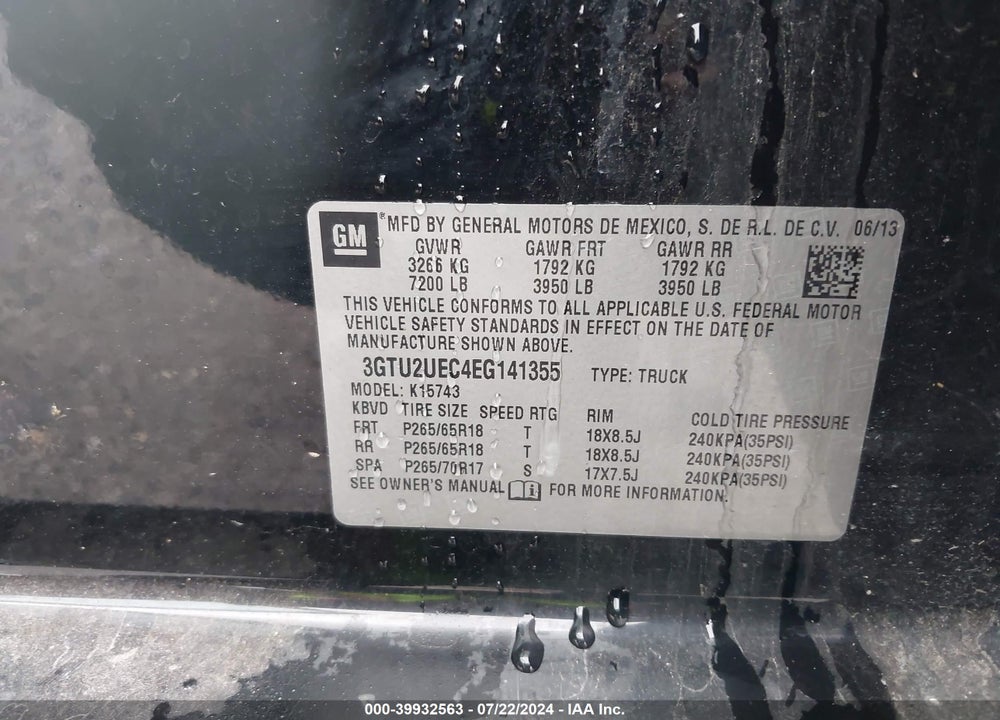 2014 GMC SIERRA 1500 SLE VIN: 3GTU2UEC4EG141355