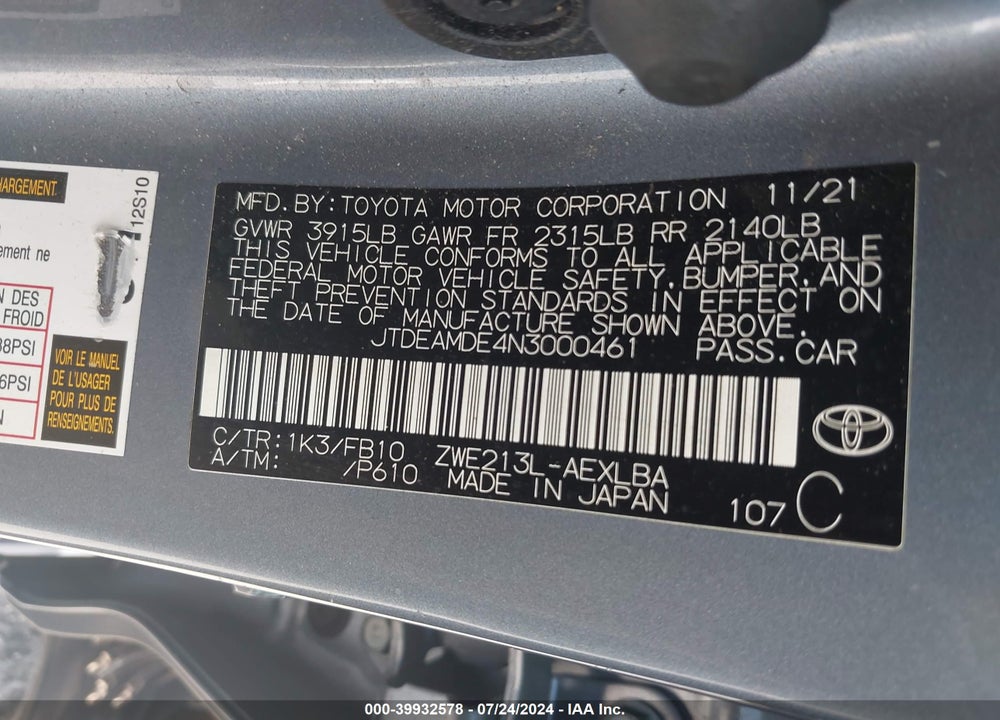 2022 TOYOTA COROLLA HYBRID LE VIN: JTDEAMDE4N3000461