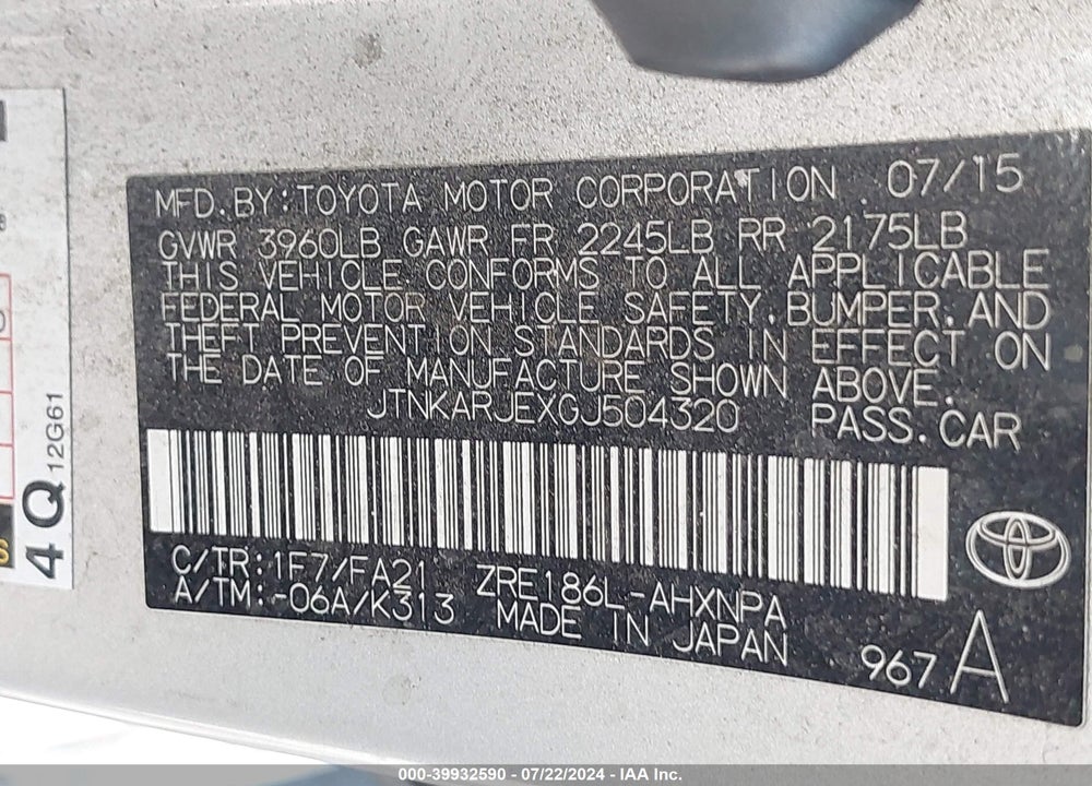 2016 SCION IM VIN: JTNKARJEXGJ504320