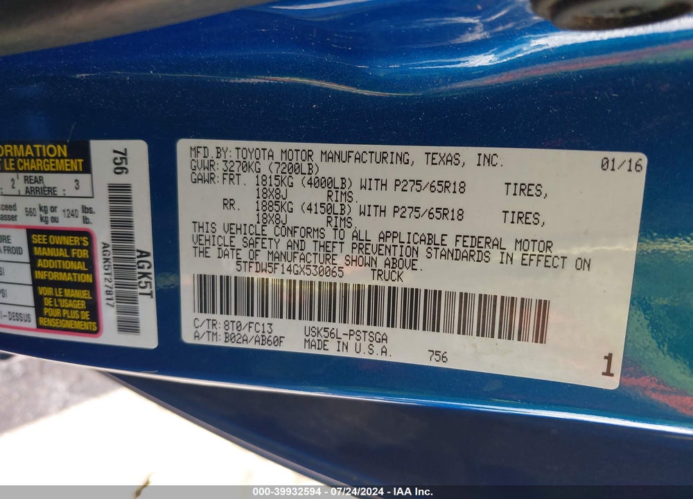 2016 TOYOTA TUNDRA SR5 5.7L V8 VIN: 5TFDW5F14GX530065