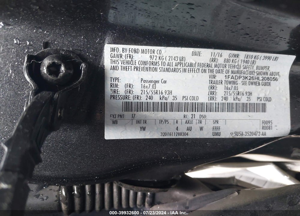 2017 FORD FOCUS SE VIN: 1FADP3K26HL208056