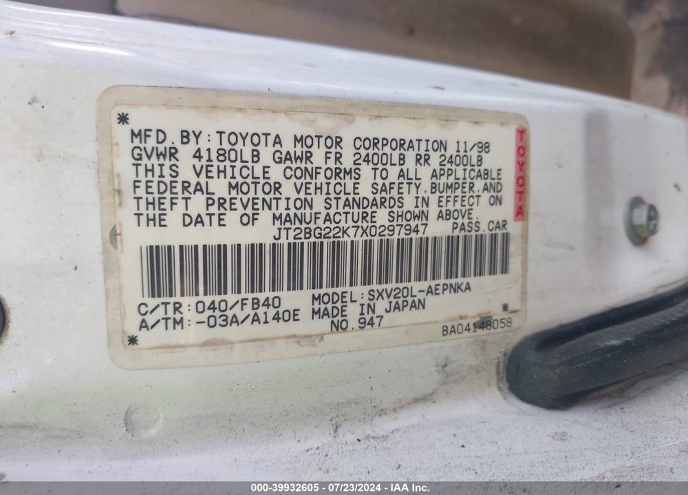 1999 TOYOTA CAMRY LE VIN: JT2BG22K7X0297947