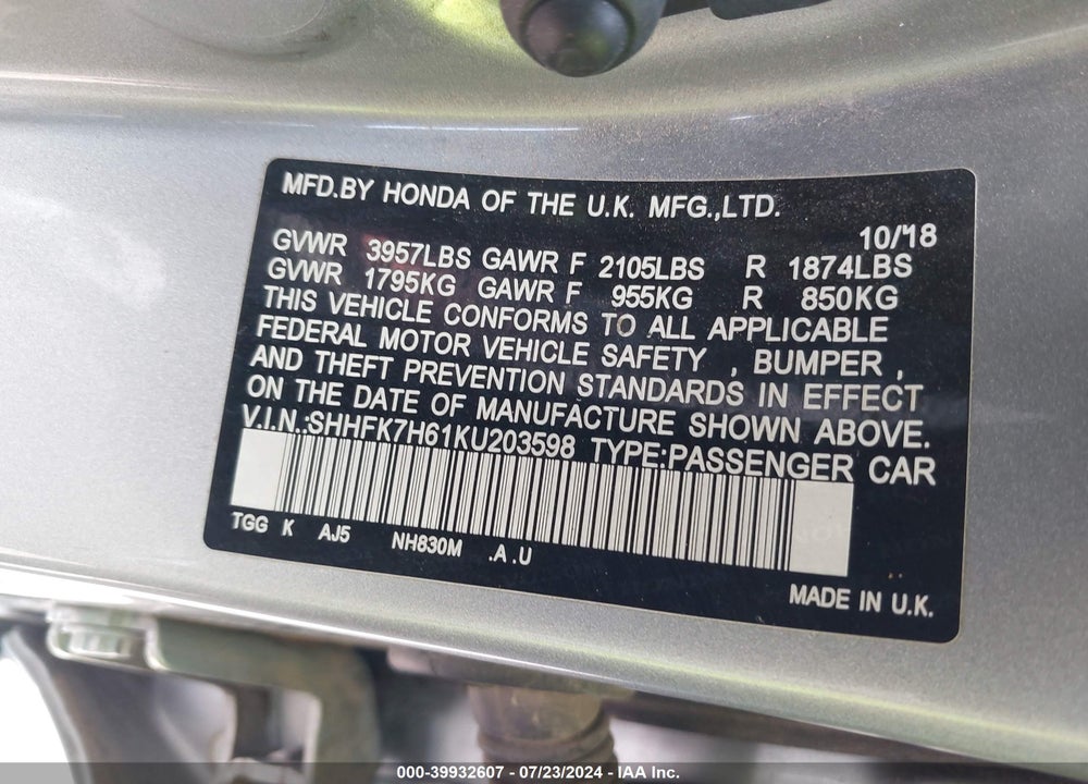 2019 HONDA CIVIC EX VIN: SHHFK7H61KU203598