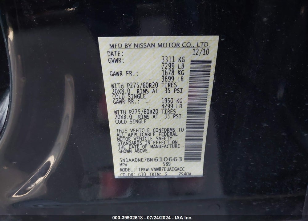 2011 NISSAN ARMADA PLATINUM VIN: 5N1AA0NE7BN610663