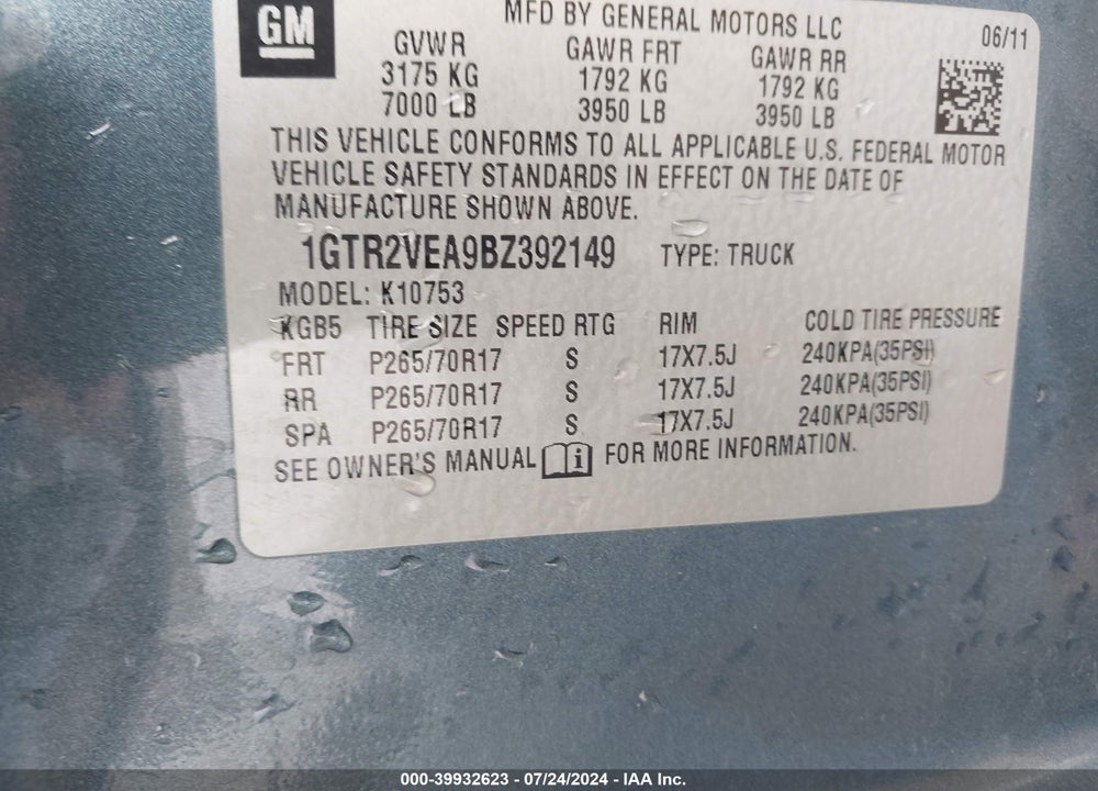 2011 GMC SIERRA 1500 SLE VIN: 1GTR2VEA9BZ392149