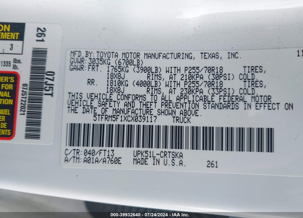 2012 TOYOTA TUNDRA GRADE 4.6L V8 VIN: 5TFRM5F1XCX039117