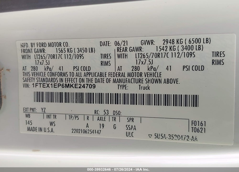 2021 FORD F-150 XL VIN: 1FTEX1EP6MKE24709