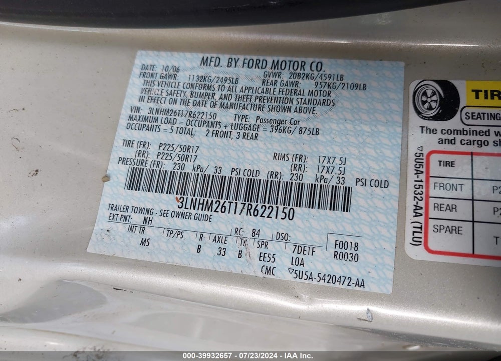 2007 LINCOLN MKZ VIN: 3LNHM26T17R622150