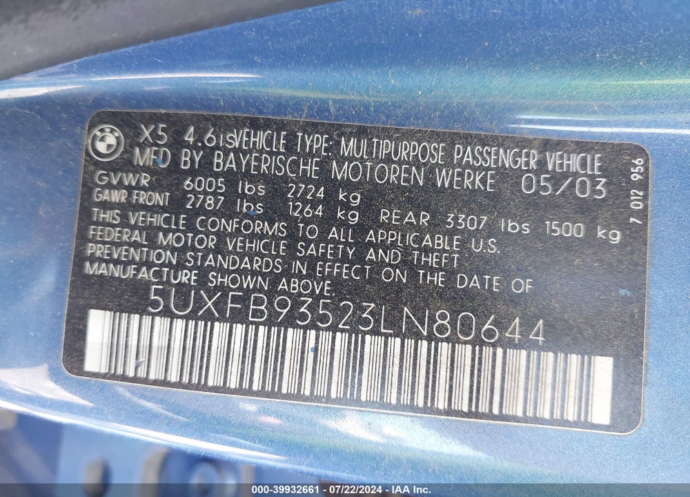 2003 BMW X5 4.6IS VIN: 5UXFB93523LN80644