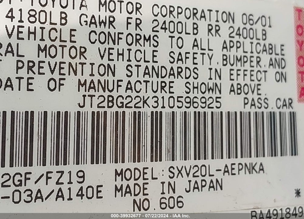 2001 TOYOTA CAMRY LE VIN: JT2BG22K310596925