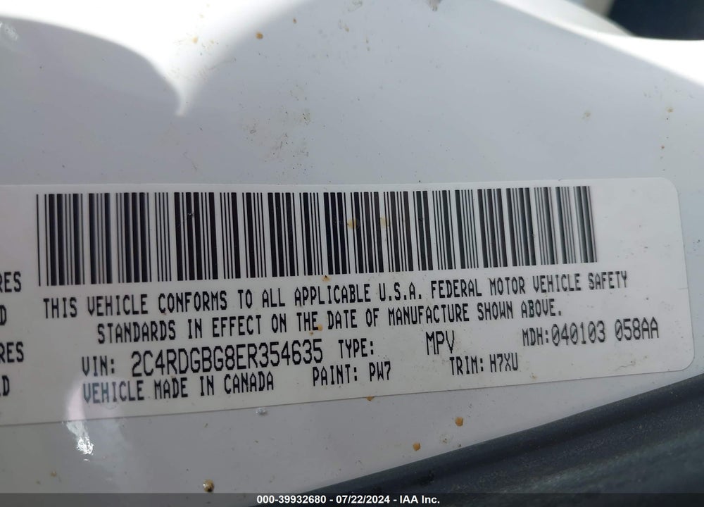 2014 DODGE GRAND CARAVAN SE VIN: 2C4RDGBG8ER354635