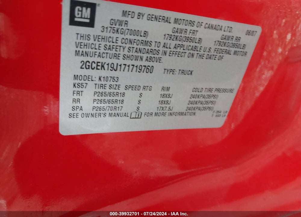 2007 CHEVROLET SILVERADO 1500 LT1 VIN: 2GCEK19J171719760