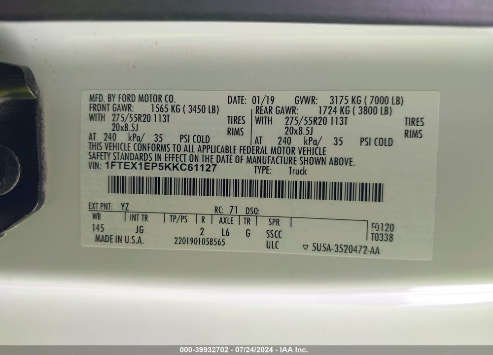 2019 FORD F-150 XL VIN: 1FTEX1EP5KKC61127