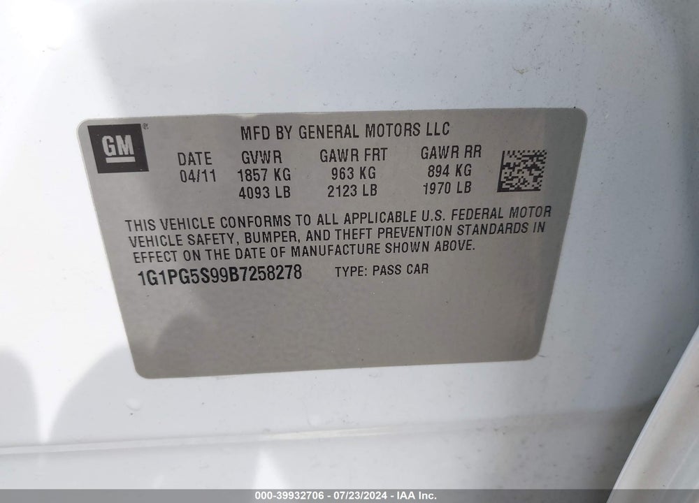 2011 CHEVROLET CRUZE 2LT VIN: 1G1PG5S99B7258278