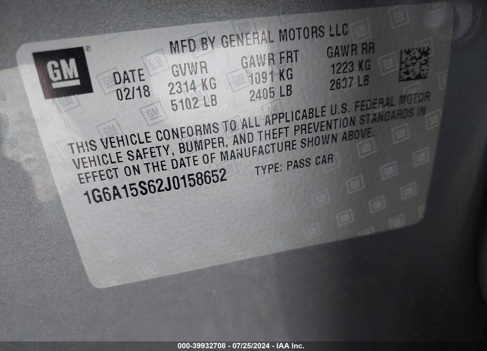 2018 CADILLAC CTS-V VIN: 1G6A15S62J0158652