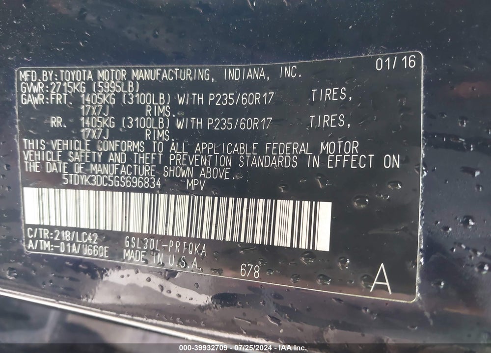 2016 TOYOTA SIENNA XLE 8 PASSENGER VIN: 5TDYK3DC5GS696834