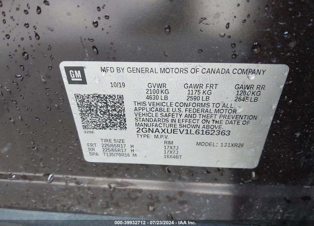 2020 CHEVROLET EQUINOX AWD LT 1.5L TURBO VIN: 2GNAXUEV1L6162363