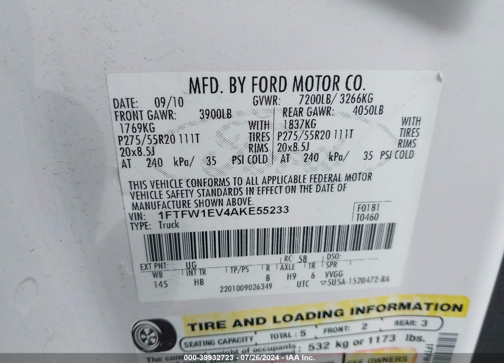 2010 FORD F-150 VIN: 1FTFW1EV4AKE55233