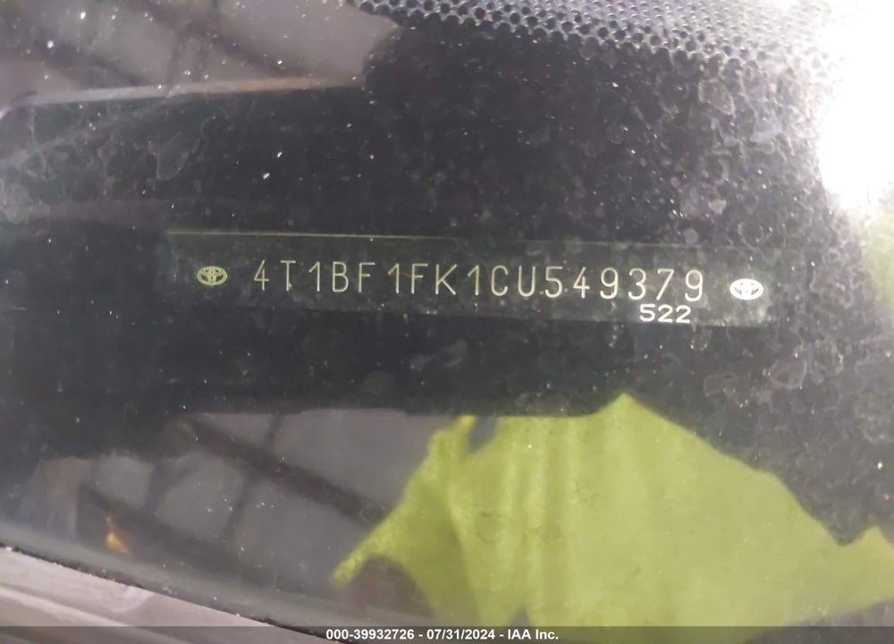 2012 TOYOTA CAMRY SE VIN: 4T1BF1FK1CU549379