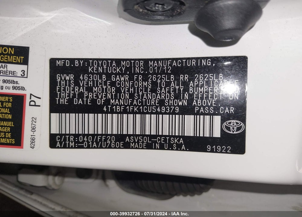 2012 TOYOTA CAMRY SE VIN: 4T1BF1FK1CU549379