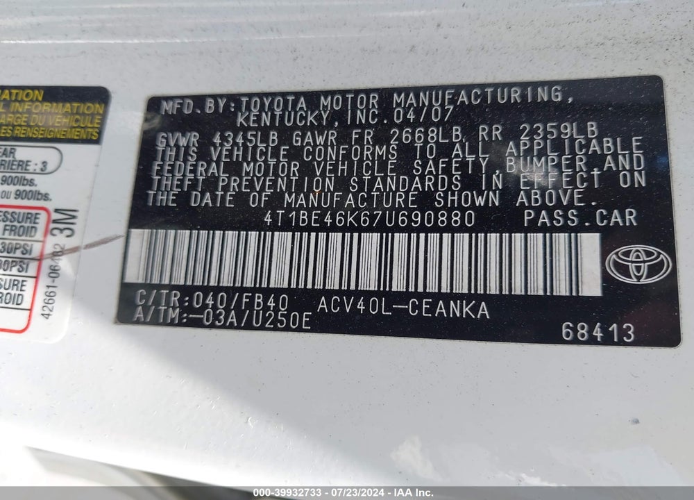 2007 TOYOTA CAMRY LE VIN: 4T1BE46K67U690880