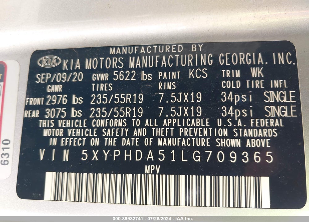2020 KIA SORENTO 3.3L EX VIN: 5XYPHDA51LG709365