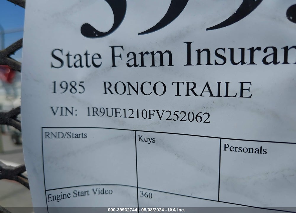 1985 RONCO TRAILER, INC 12 FT VIN: 1R9UE1210FV252062