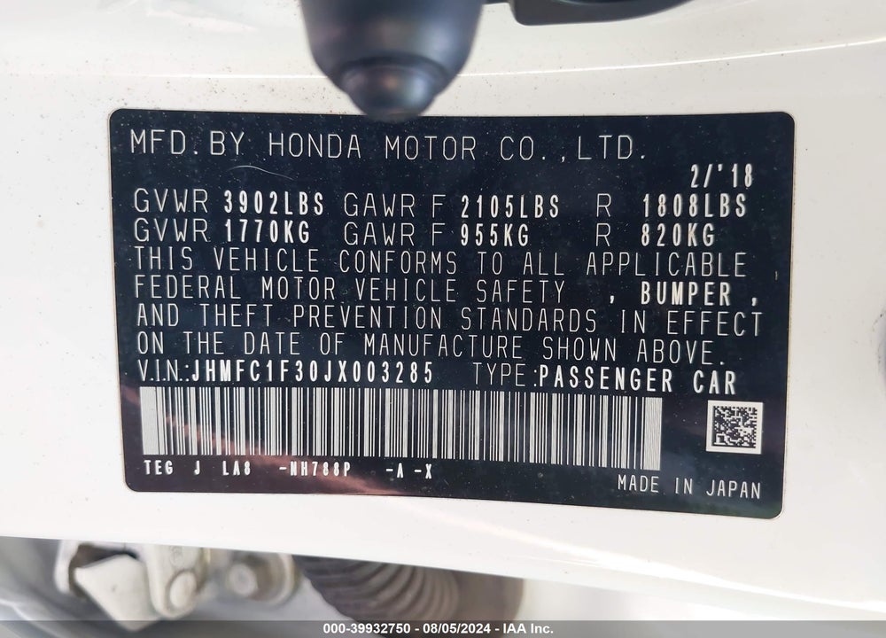 2018 HONDA CIVIC EX-T VIN: JHMFC1F30JX003285