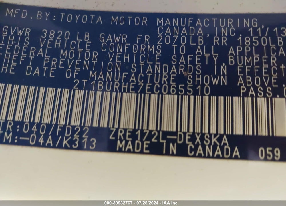 2014 TOYOTA COROLLA S PLUS VIN: 2T1BURHE7EC065510