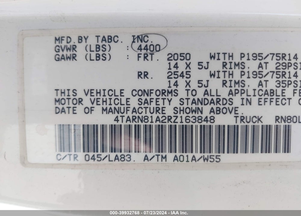 1994 TOYOTA PICKUP 1/2 TON SHORT WHLBASE STB VIN: 4TARN81A2RZ163848