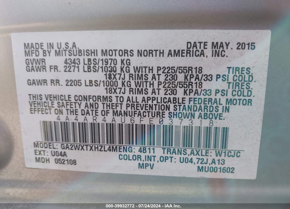 2015 MITSUBISHI OUTLANDER SPORT SE VIN: 4A4AR4AU6FE037318