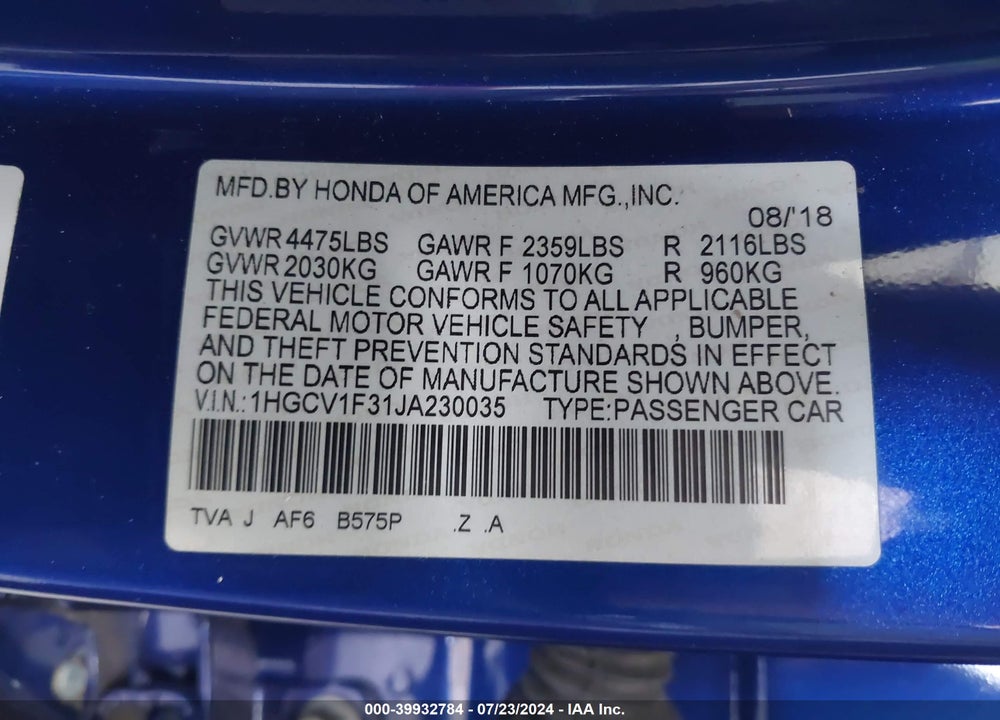 2018 HONDA ACCORD SPORT VIN: 1HGCV1F31JA230035