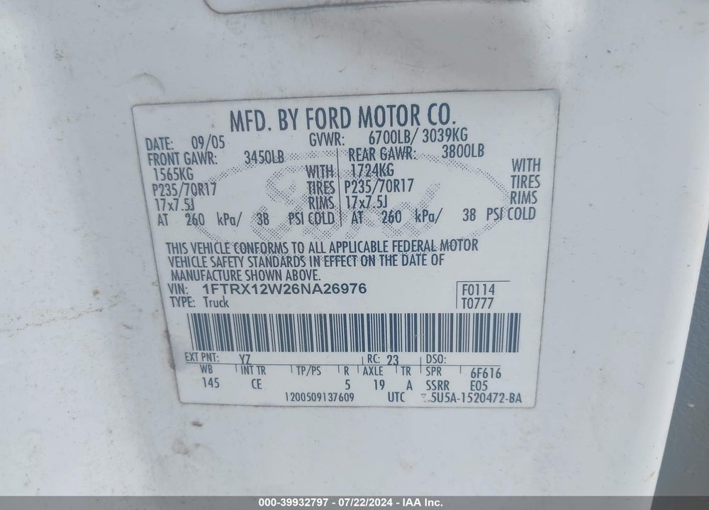2006 FORD F-150 VIN: 1FTRX12W26NA26976