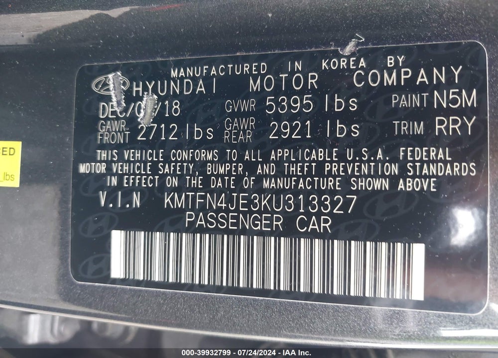 2019 GENESIS G80 3.8 VIN: KMTFN4JE3KU313327