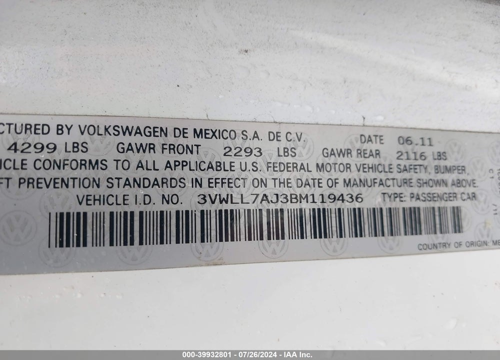 2011 VOLKSWAGEN JETTA VIN: 3VWLL7AJ3BM119436