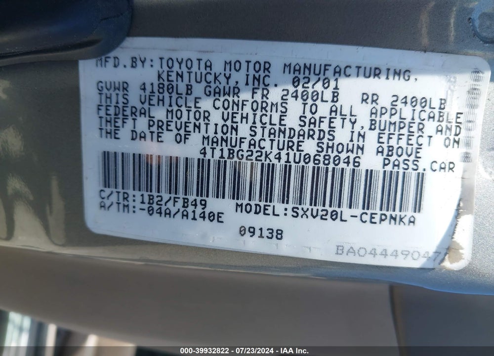 2001 TOYOTA CAMRY VIN: 4T1BG22K41U068046
