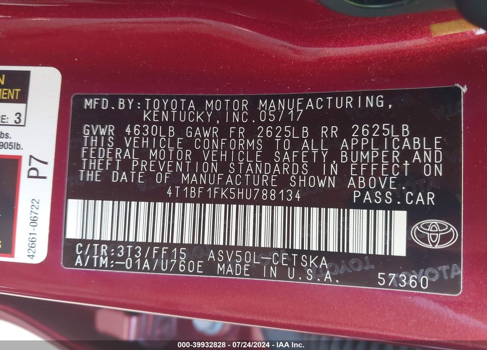 2017 TOYOTA CAMRY SE VIN: 4T1BF1FK5HU788134