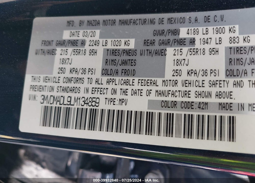 2020 MAZDA CX-30 PREFERRED PACKAGE VIN: 3MVDMADL9LM134859