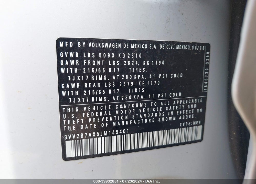 2018 VOLKSWAGEN TIGUAN 2.0T SE/2.0T SEL VIN: 3VV2B7AX5JM149401