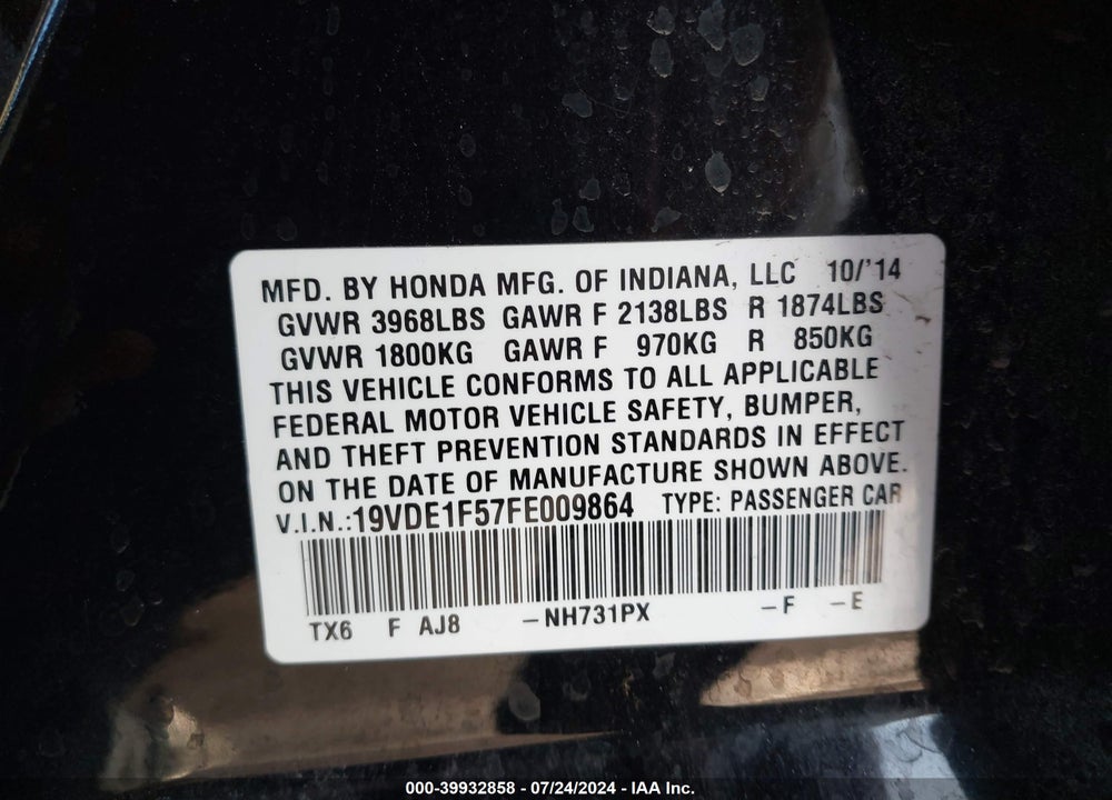 2015 ACURA ILX 2.0L VIN: 19VDE1F57FE009864