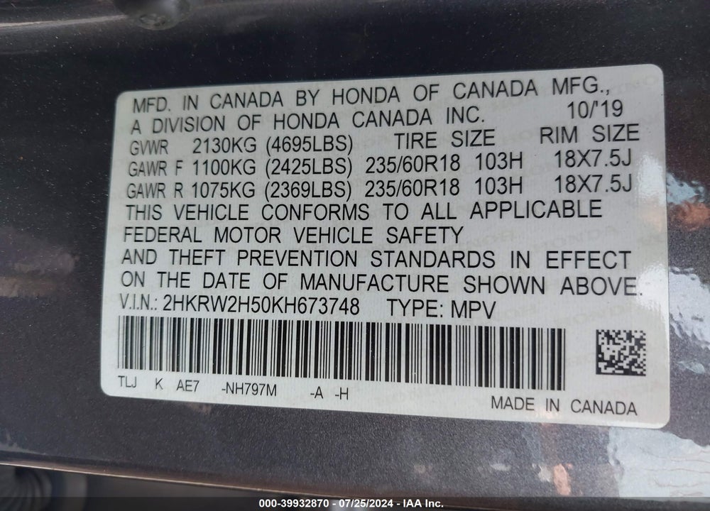 2019 HONDA CR-V EX VIN: 2HKRW2H50KH673748
