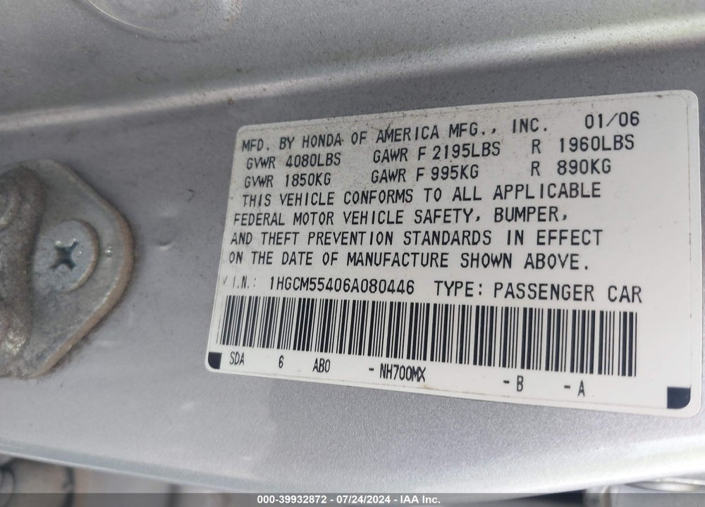 2006 HONDA ACCORD VIN: 1HGCM55406A080446