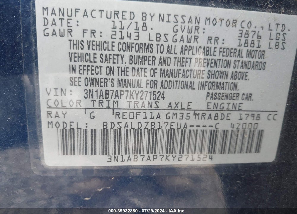 2019 NISSAN SENTRA SV VIN: 3N1AB7AP7KY271524